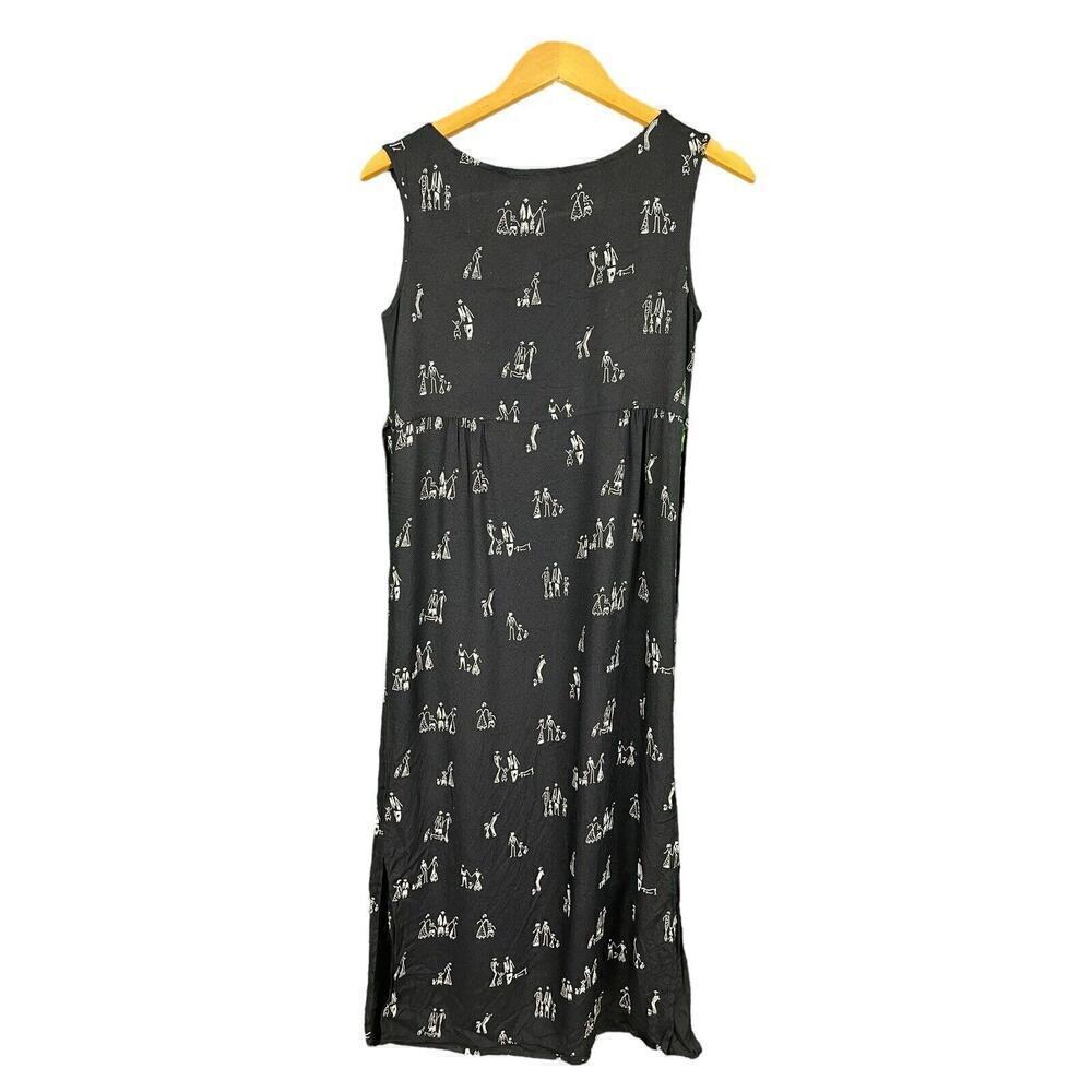 Dan Howard Black Maxi Dress Women Size Small Vintage Stick Family Print Tie Back - Picture 3 of 12